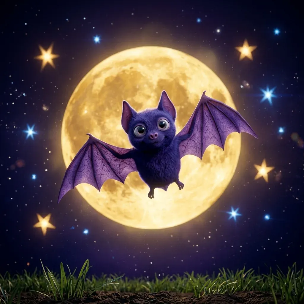 The same bat brought to life, a soft purple bat flying past a glowing full moon