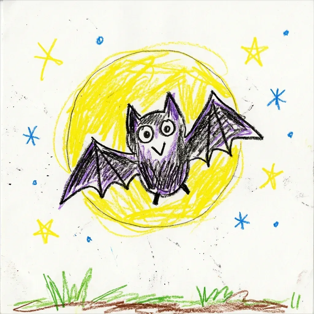 A crayon drawing of a purple bat with big eyes flying in front of a yellow moon, with blue and yellow stars