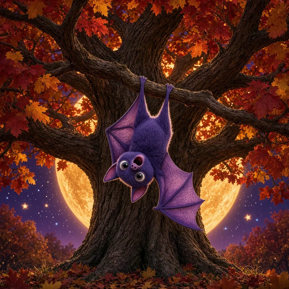 A purple bat hangs upside down from a branch of a big autumn oak tree under a huge golden moon.
