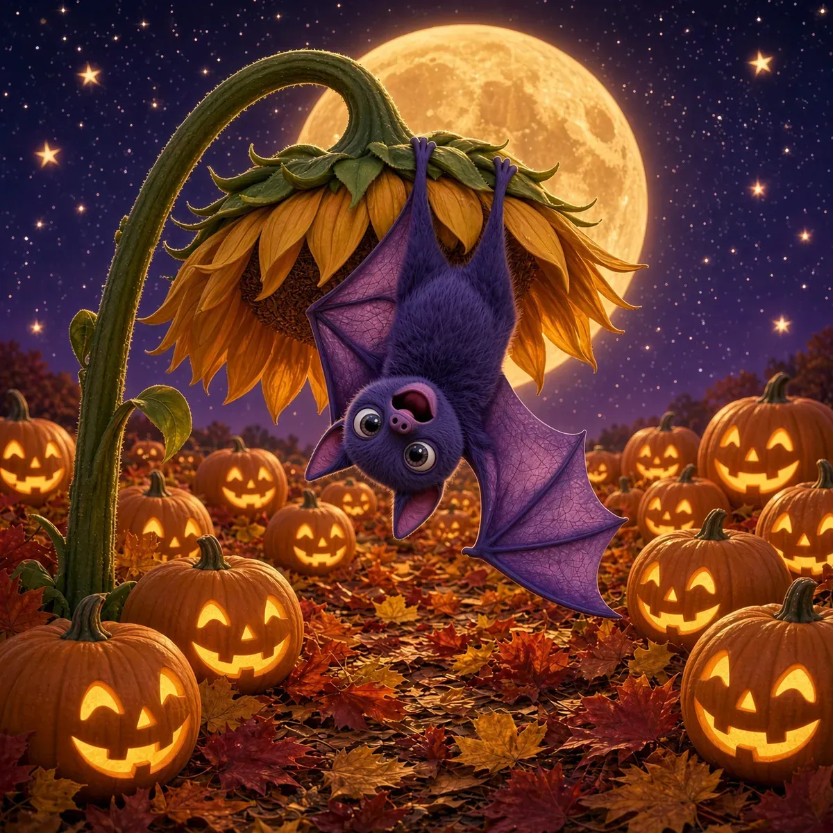 Pip the bat hangs upside down from a drooping sunflower above a field of glowing jack-o'-lanterns.