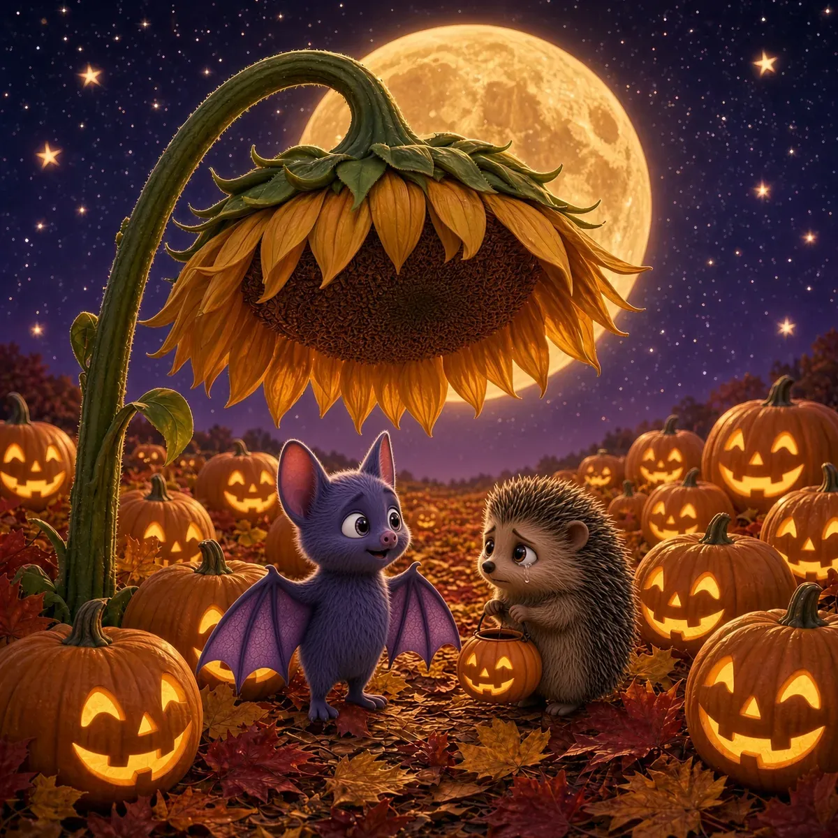Pip meets Hazel the hedgehog, who holds a small pumpkin lantern that has gone out, in the pumpkin patch.