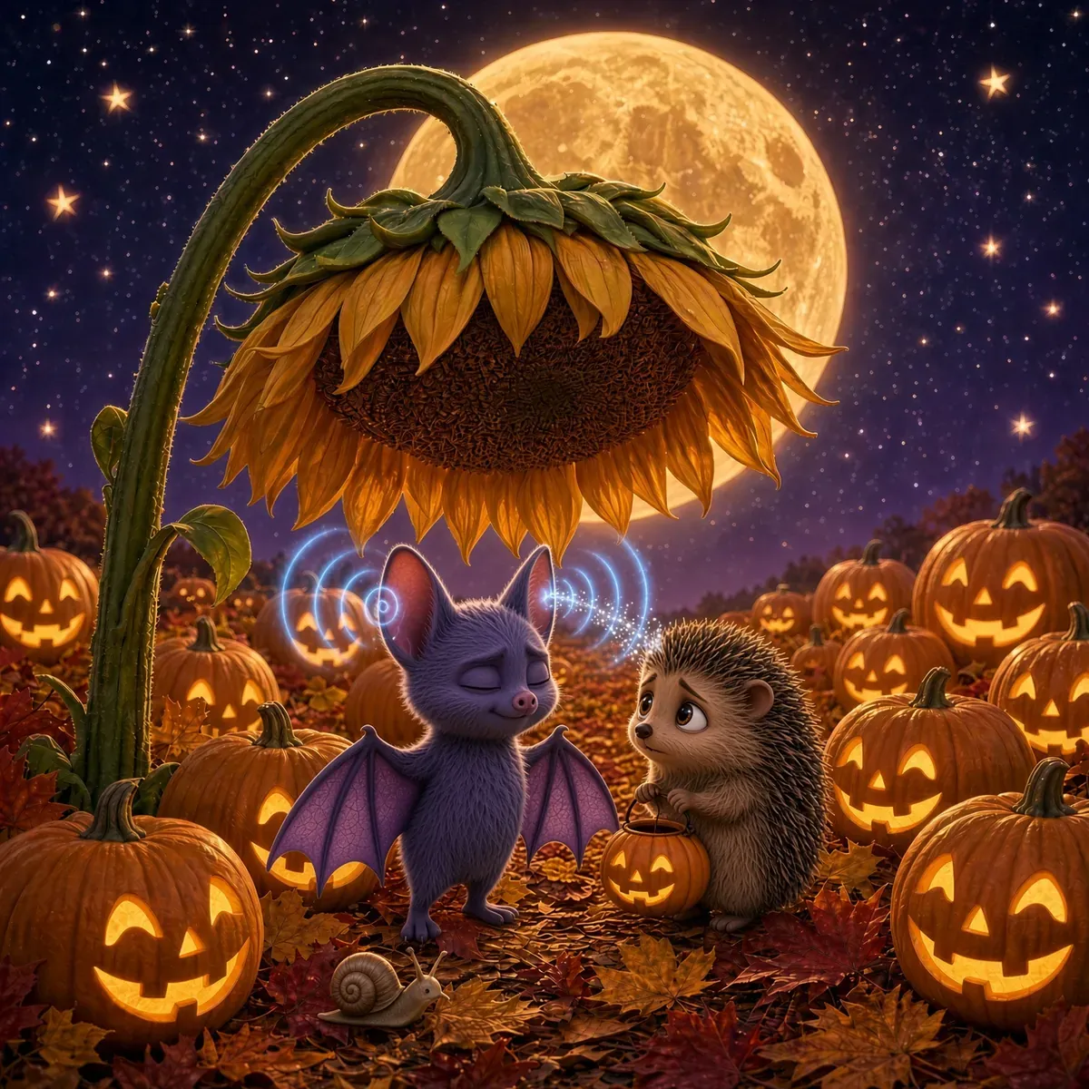 Pip listens with his big ears, sound waves around them, while Hazel waits and a snail sits nearby.