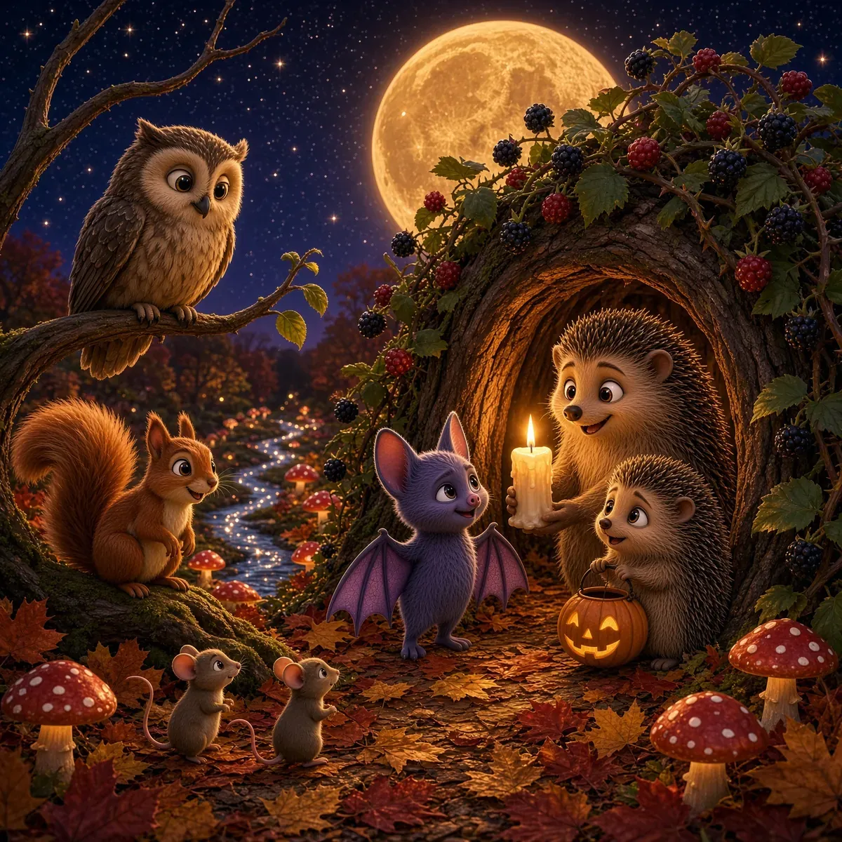 Pip, Hazel, an owl, a squirrel and two mice arrive at Hazel's cosy home under a blackberry bush, where a candle glows.