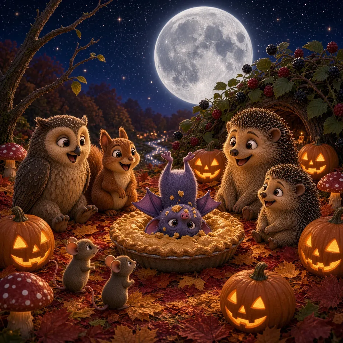 Pip lands upside down in an acorn pie at the Halloween picnic while the owl, squirrel, hedgehogs and mice laugh.