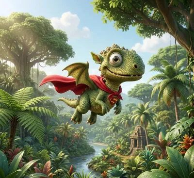 Storybook scene one — the character sets off on an adventure through a colorful landscape