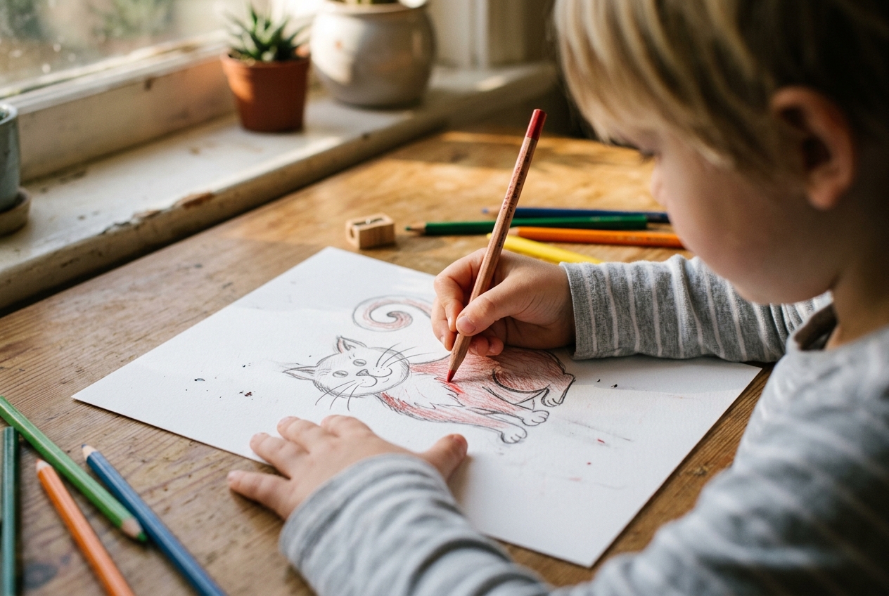 A close-up of a child's hands drawing carefully with coloured pencils at a sunny desk, focused and absorbed in the work