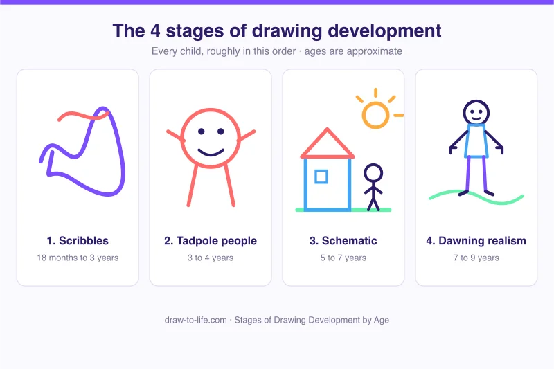 The four stages of drawing development by age, from scribbles to realism, shown as a timeline of example drawings
