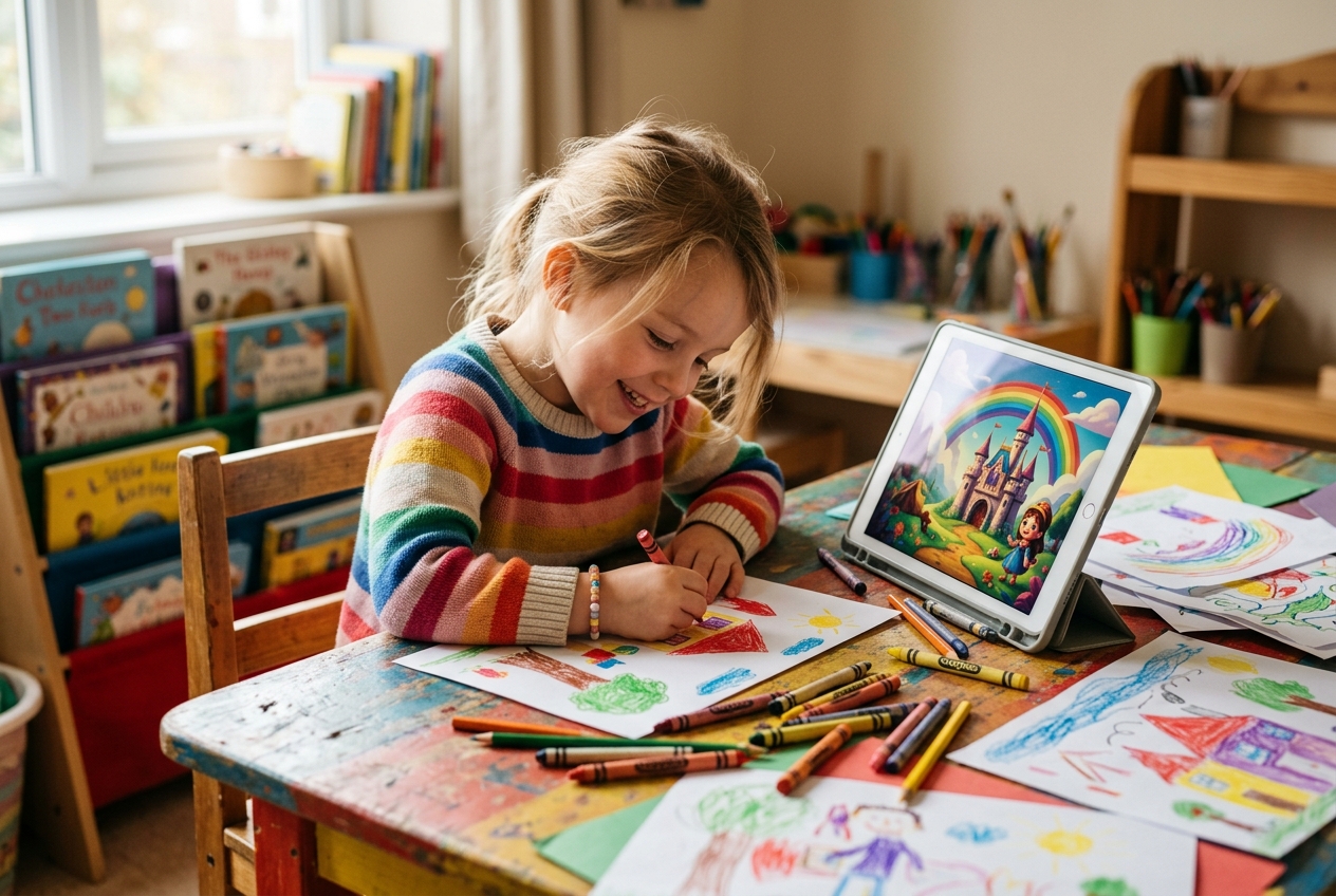 A child sitting at a table drawing with crayons next to a tablet showing a colourful AI art transformation of their drawing