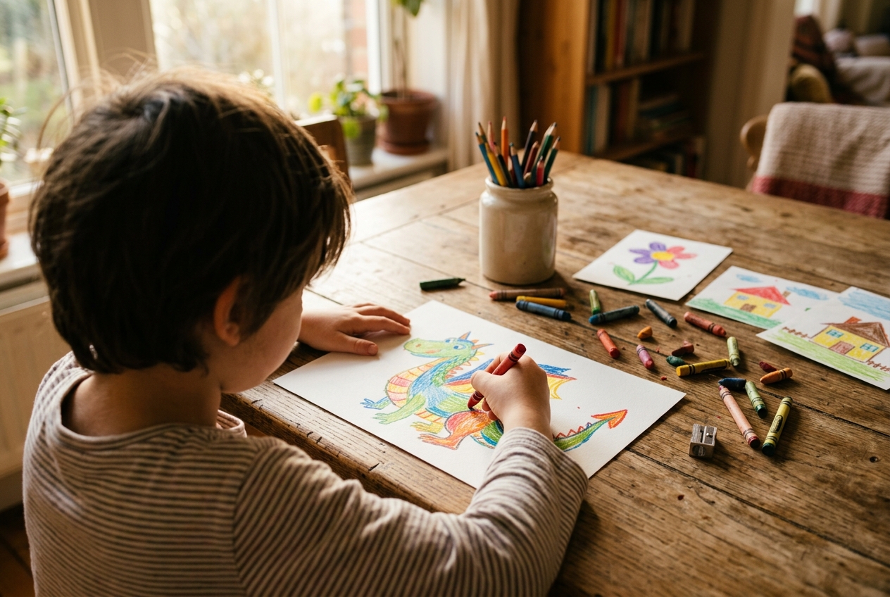 A child's hand drawing with crayons on paper next to art supplies, with warm natural light from a window