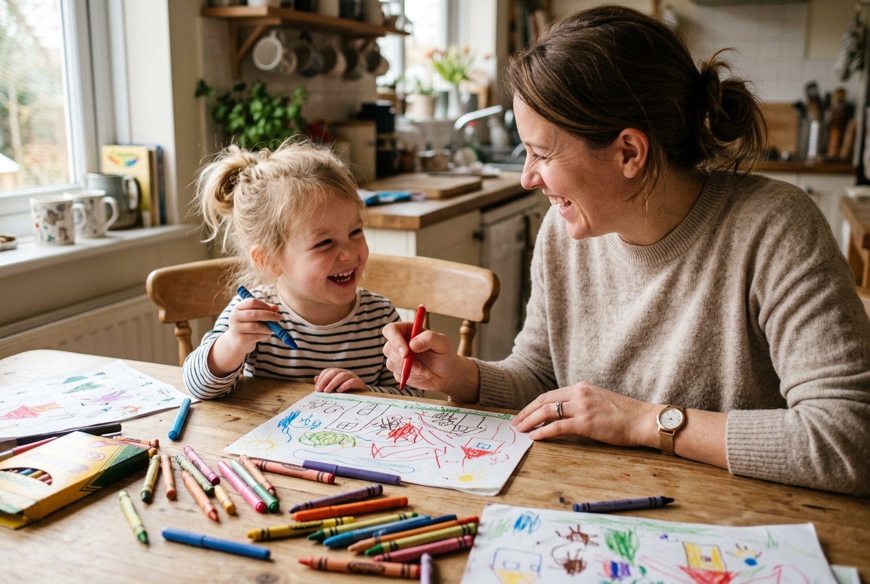 A parent and young child laughing as they take turns adding silly details to a shared drawing on paper at a sunlit kitchen table