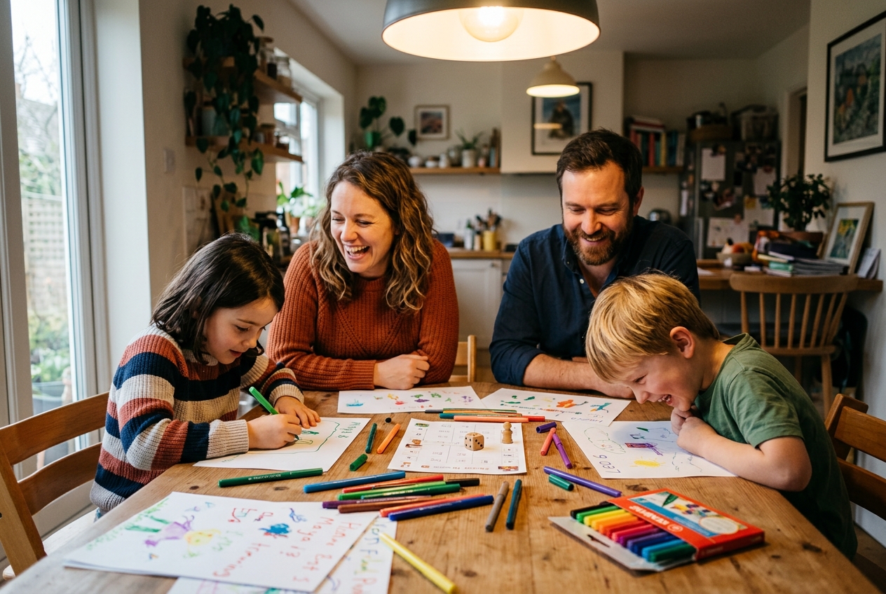 A family of four gathered around a dining table playing a drawing game, with pens, crayons and paper scattered between them