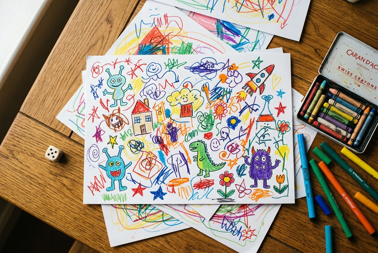 A flat-lay close-up of a child's collaborative drawing on A4 paper covered in colourful pens, with crayons and a stack of paper arranged around it