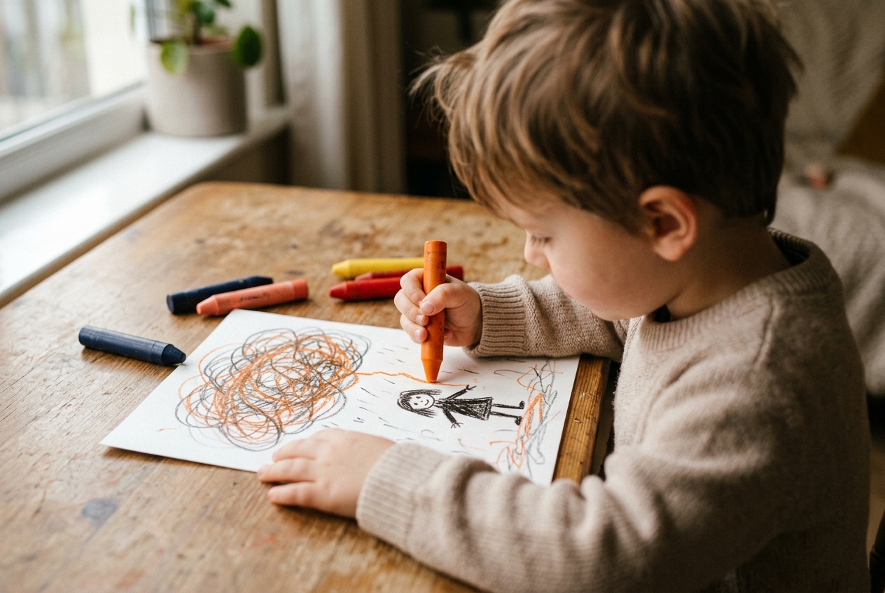 A young child concentrating on drawing a small figure beside a swirling stormy shape in orange and grey crayon