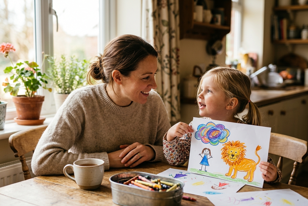 A parent leaning in warmly as a young child proudly holds up a colourful crayon drawing of a friendly lion at a sunlit kitchen table