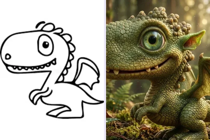 A child's dragon line drawing next to the same dragon transformed into lifelike art by a kids' drawing app