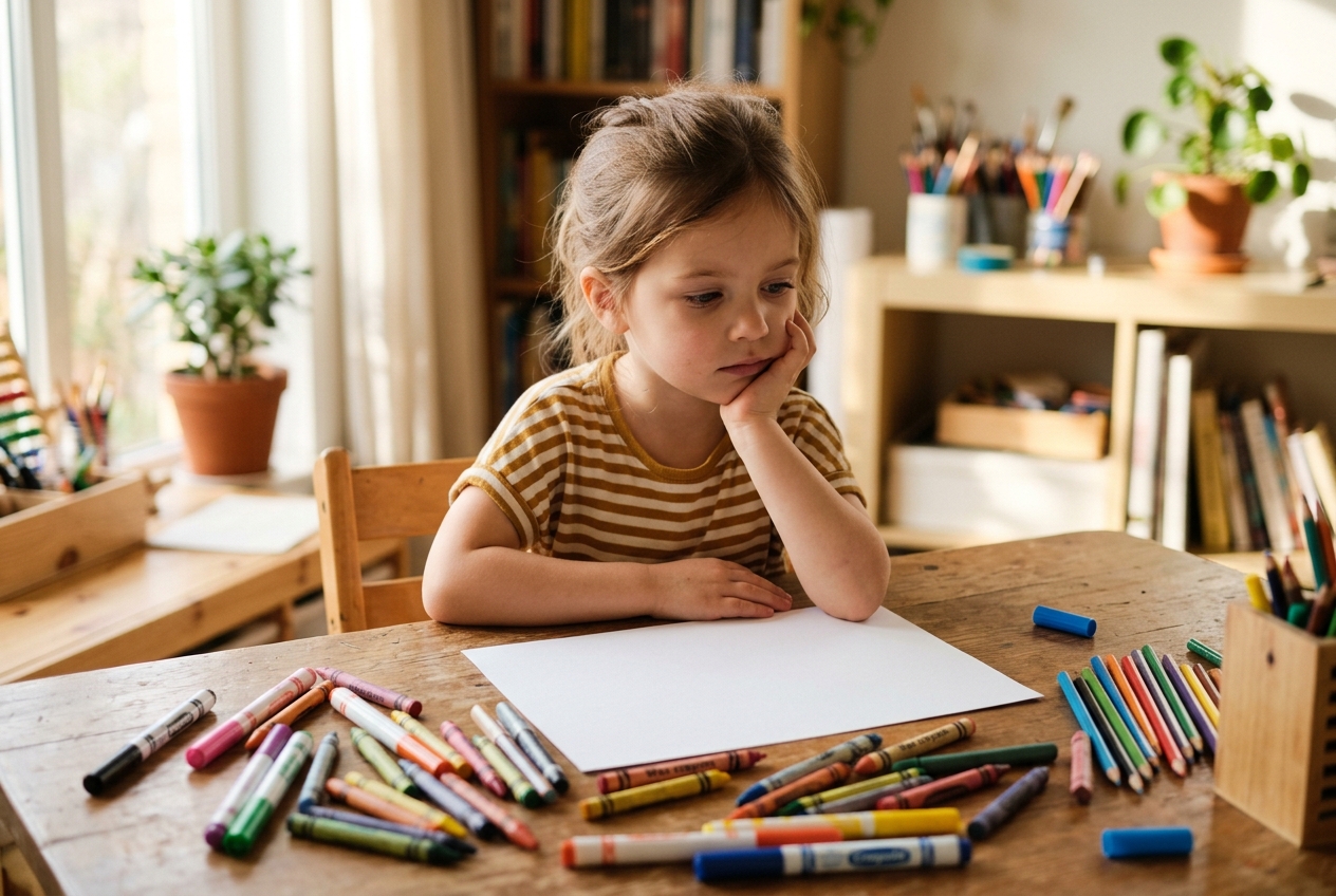 A child sitting at a table with art supplies, looking thoughtfully at a blank piece of paper