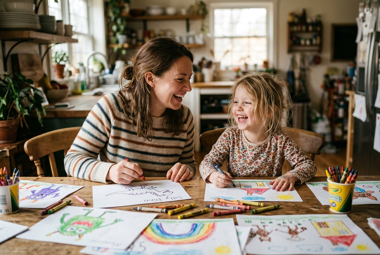 A parent and child sitting together at a kitchen table covered in art supplies, drawing and laughing together
