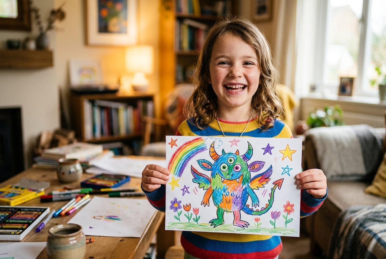 A child's hands holding up a colourful crayon drawing with a proud expression visible behind the artwork