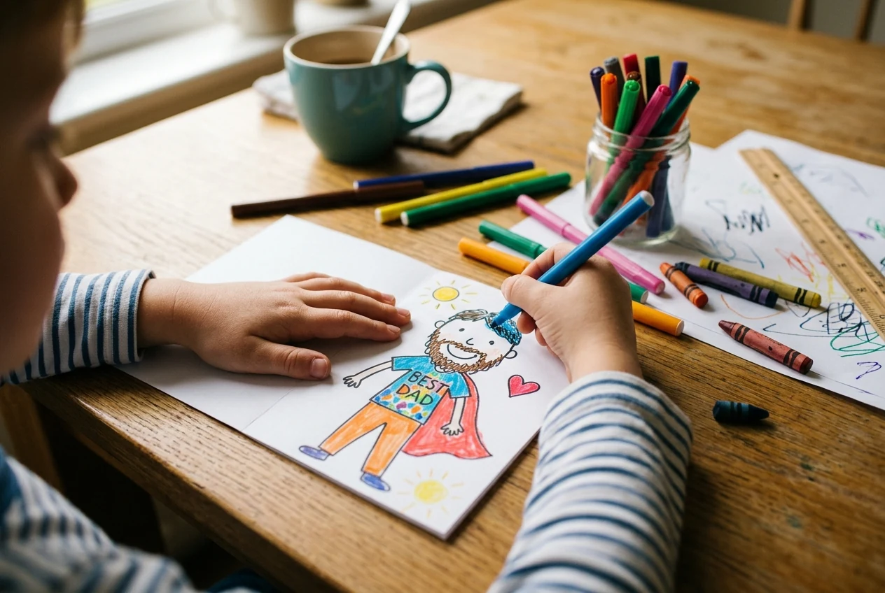 A close-up of a child's hands drawing a colourful Father's Day card with felt-tip pens at a sunlit kitchen table, with crayons and scrap paper scattered around