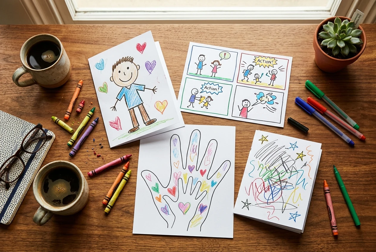 A wooden desk with several finished Father's Day drawings spread out — a comic strip, a hand-traced portrait, and a small folded card — alongside crayons and a mug of coffee