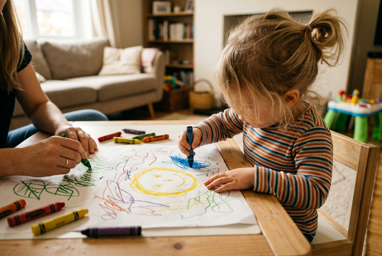 A young child's hands drawing with colourful crayons on white paper at a kitchen table
