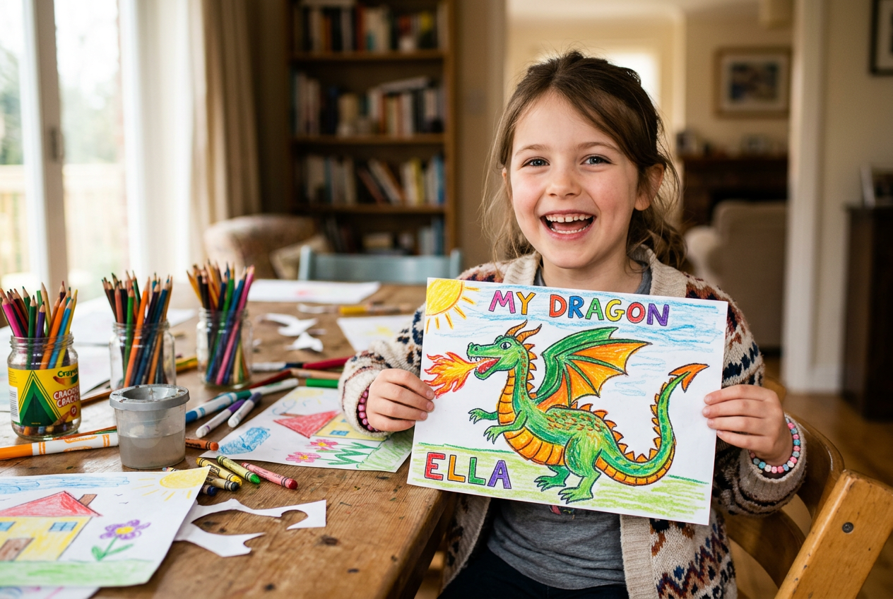 A child proudly holding up a colourful crayon drawing at a craft table with art supplies