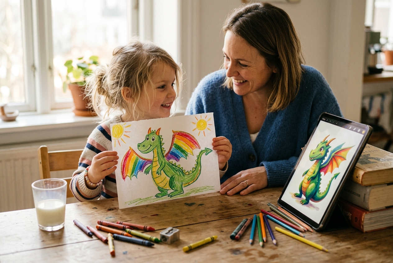 A young child showing her crayon drawing to a parent as a tablet beside them displays a polished, colourful version, illustrating how AI art for kids works in practice