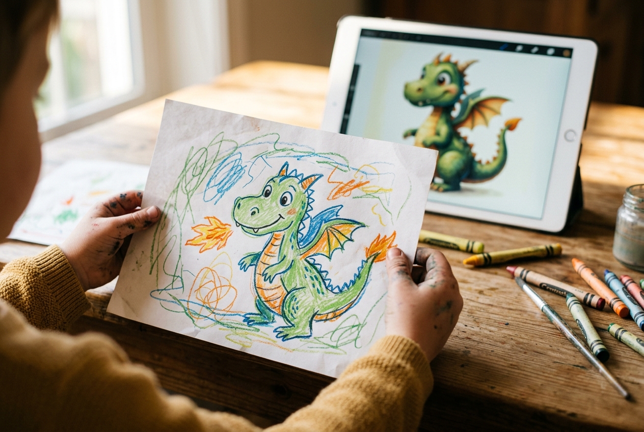 A close-up of a child's hands holding a crayon drawing of a dragon, with a tablet softly visible in the background showing a polished version, illustrating the difference between a child's original imagination and an AI-rendered version