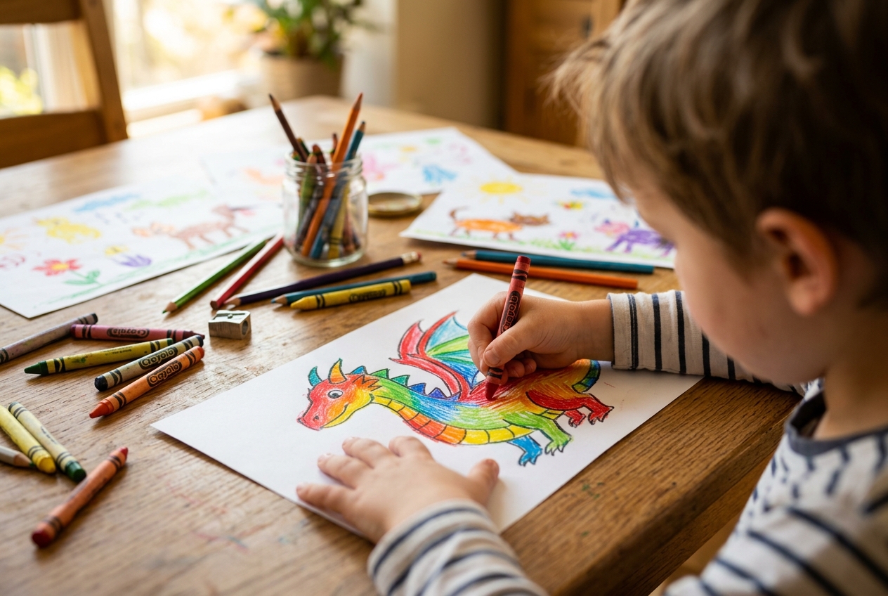 A close-up of a young child's hand drawing a colourful dragon with crayons, with finished drawings and art supplies scattered around on a kitchen table