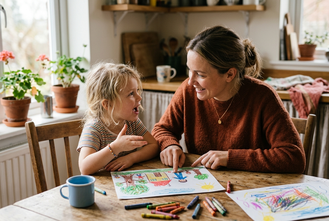 A parent and child sitting close together at a kitchen table looking at a child's drawing, the parent pointing gently at one part of the picture while the child explains it