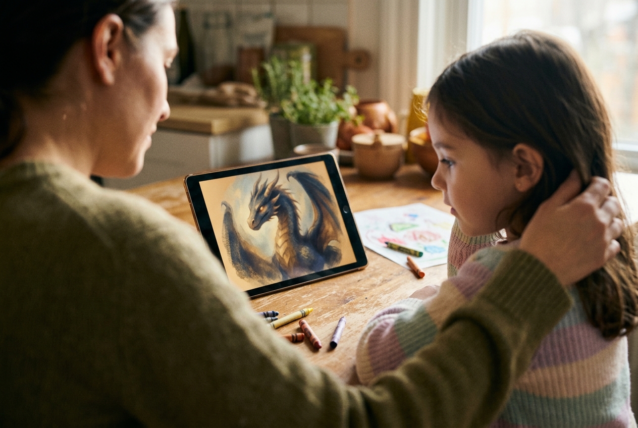 A parent and a young child sitting close together at a sunlit kitchen table, calmly looking at a tablet that shows an AI-transformed version of the child's crayon dragon drawing
