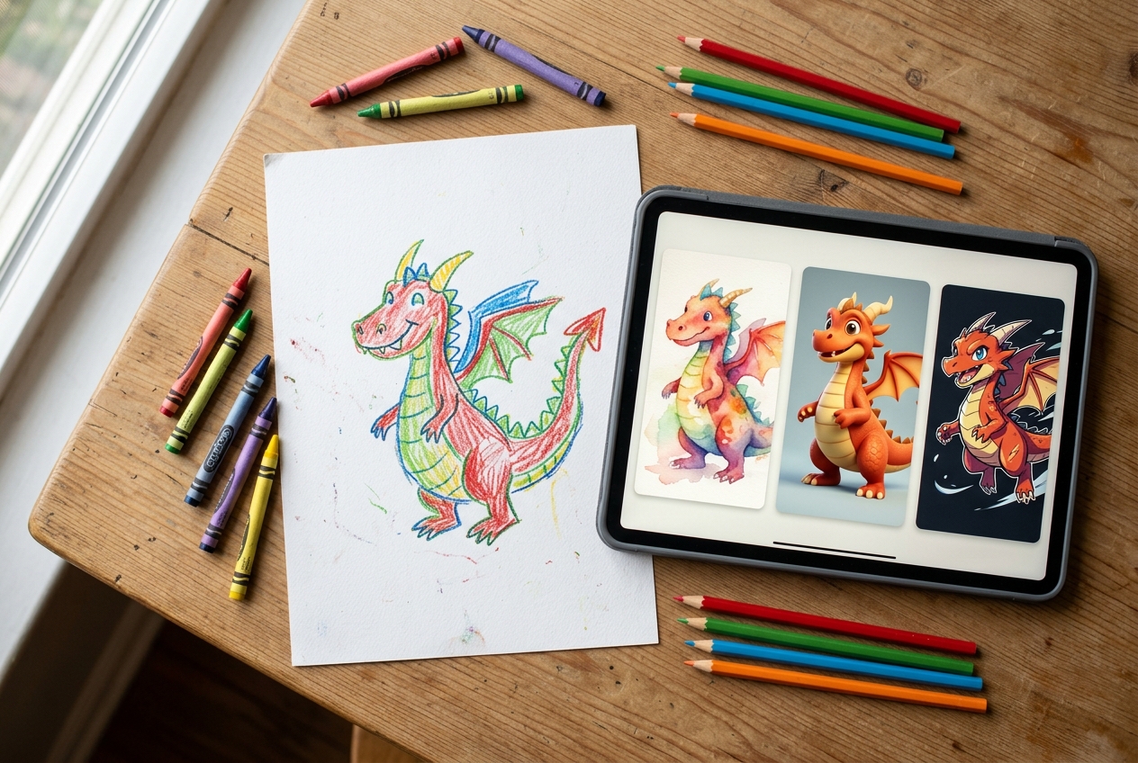 A flat-lay top-down photograph of a child's hand-drawn crayon dragon on white paper next to a tablet showing the same dragon transformed into different artistic styles