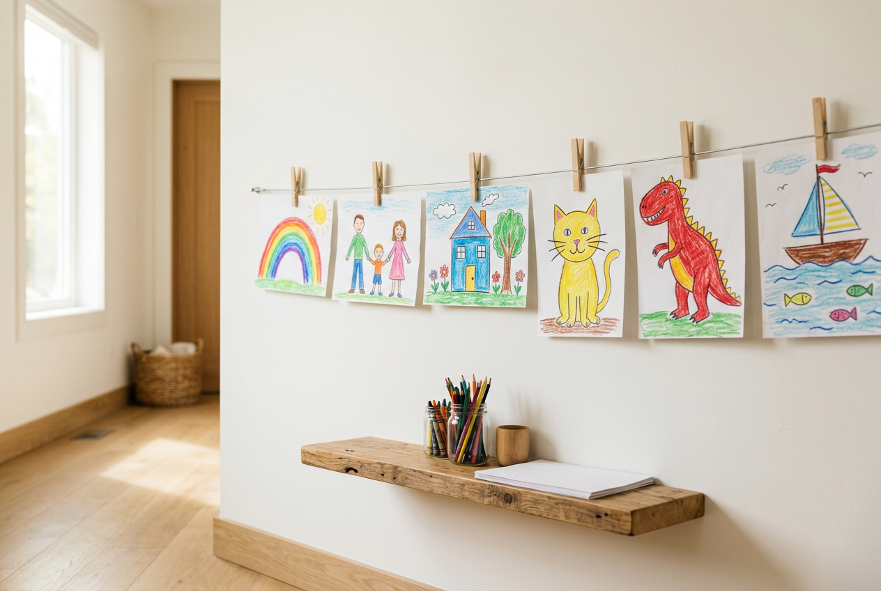 A bright hallway with a wire-and-clip gallery wall displaying colourful children's drawings at child height