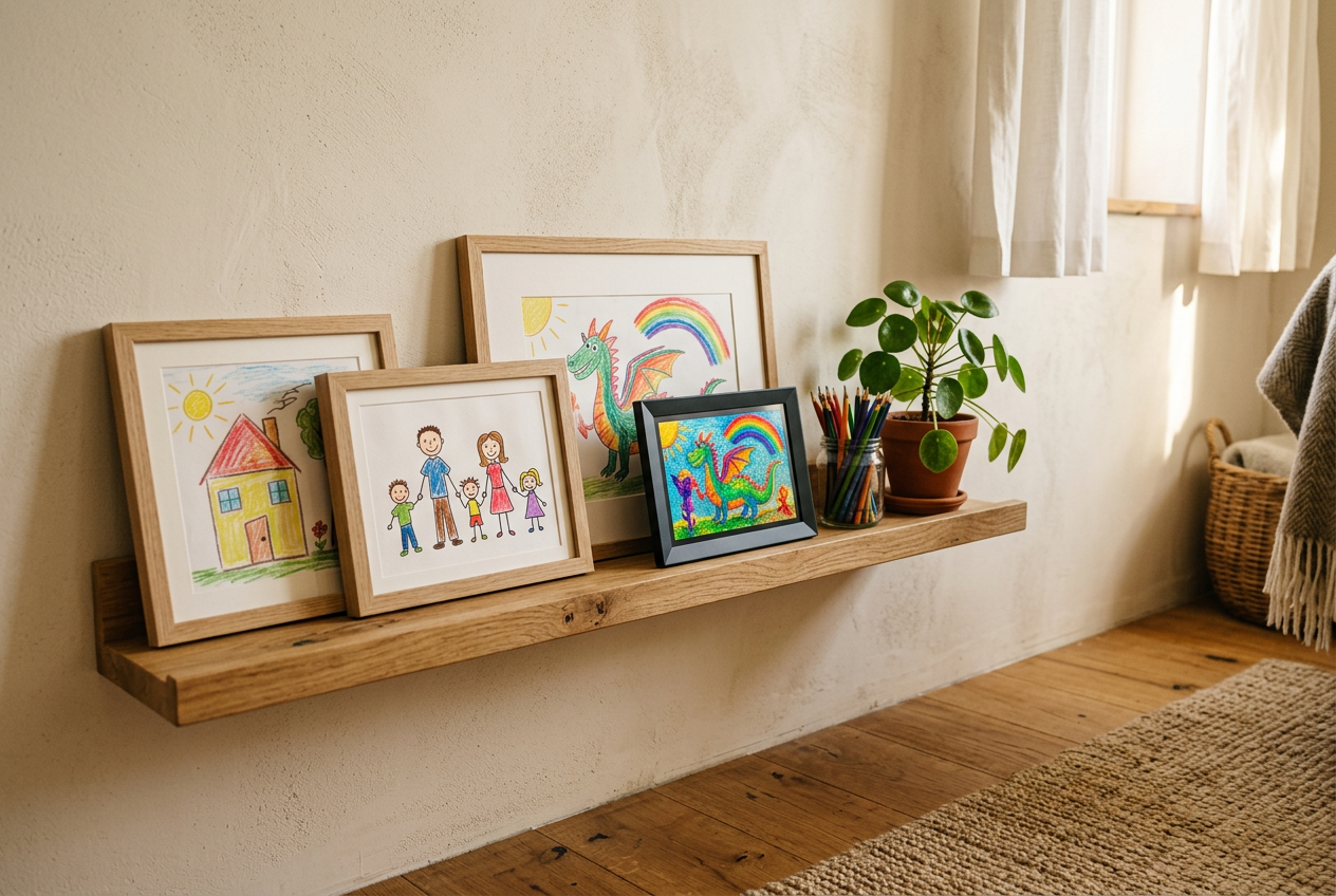 A cosy living room shelf displaying framed children's artwork alongside a digital photo frame showing AI-transformed drawings