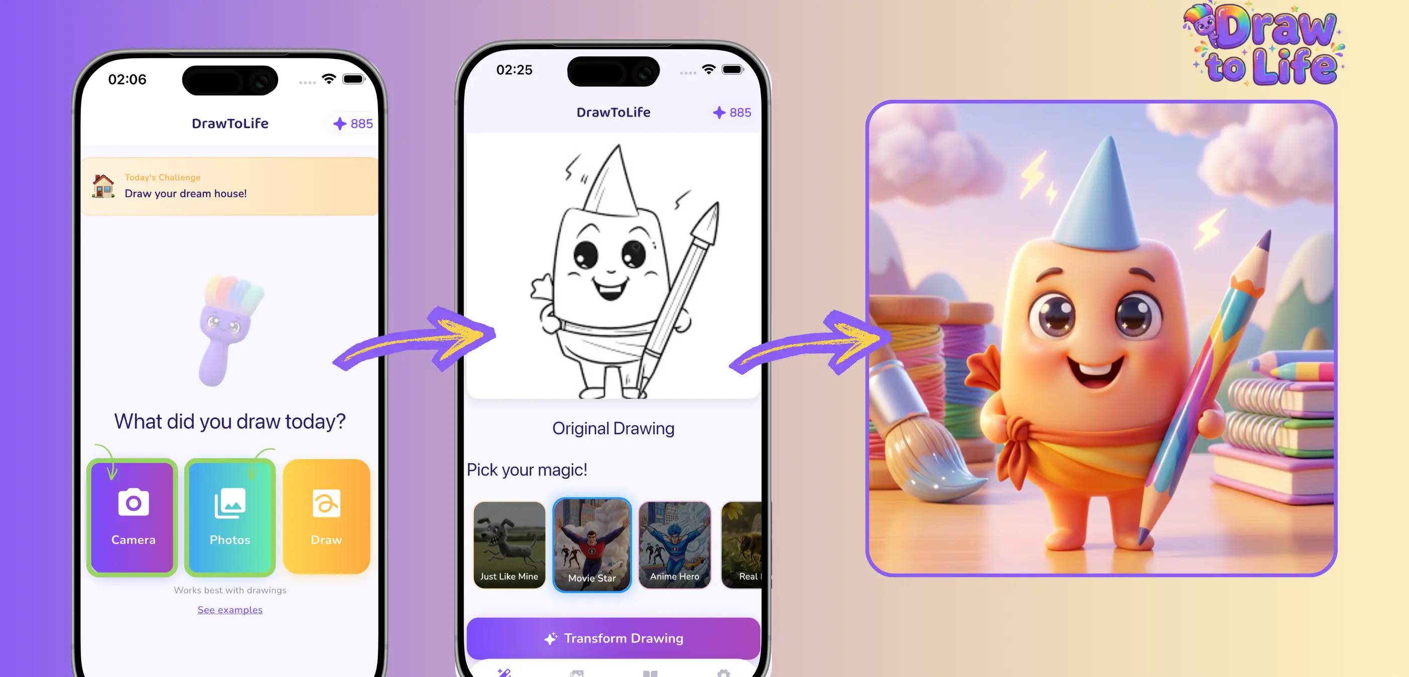 DrawToLife app showing the 3-step process to turn kids drawings into art