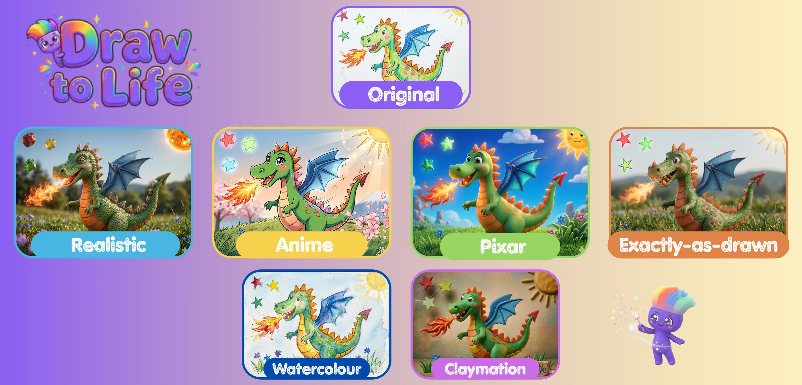 Five art styles for kids drawings - anime, claymation, pixar, realistic, and watercolour