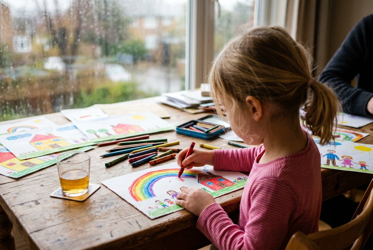 A child drawing colourful pictures with crayons at a table on a rainy day, surrounded by art supplies and finished drawings