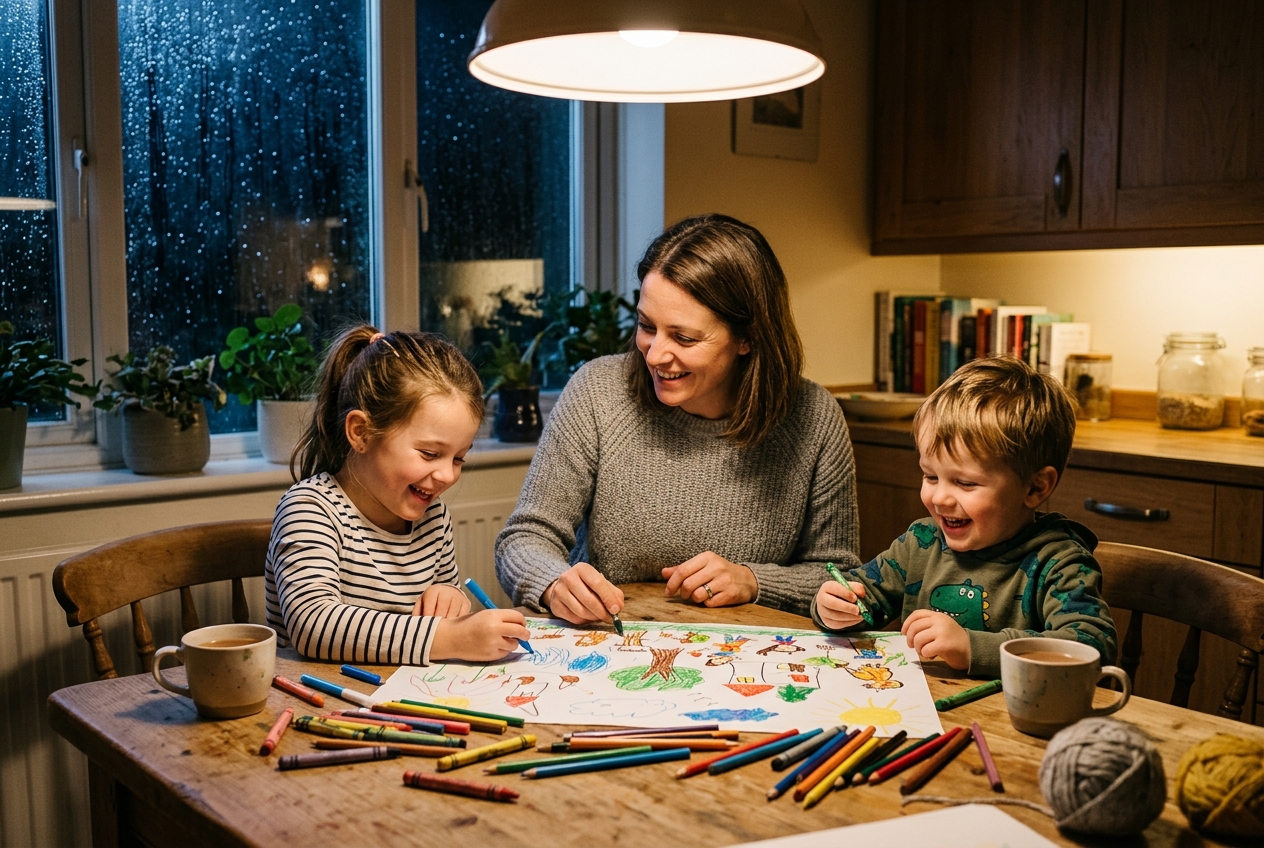 A parent and two children drawing together at a kitchen table with warm lamp light and rain on the window