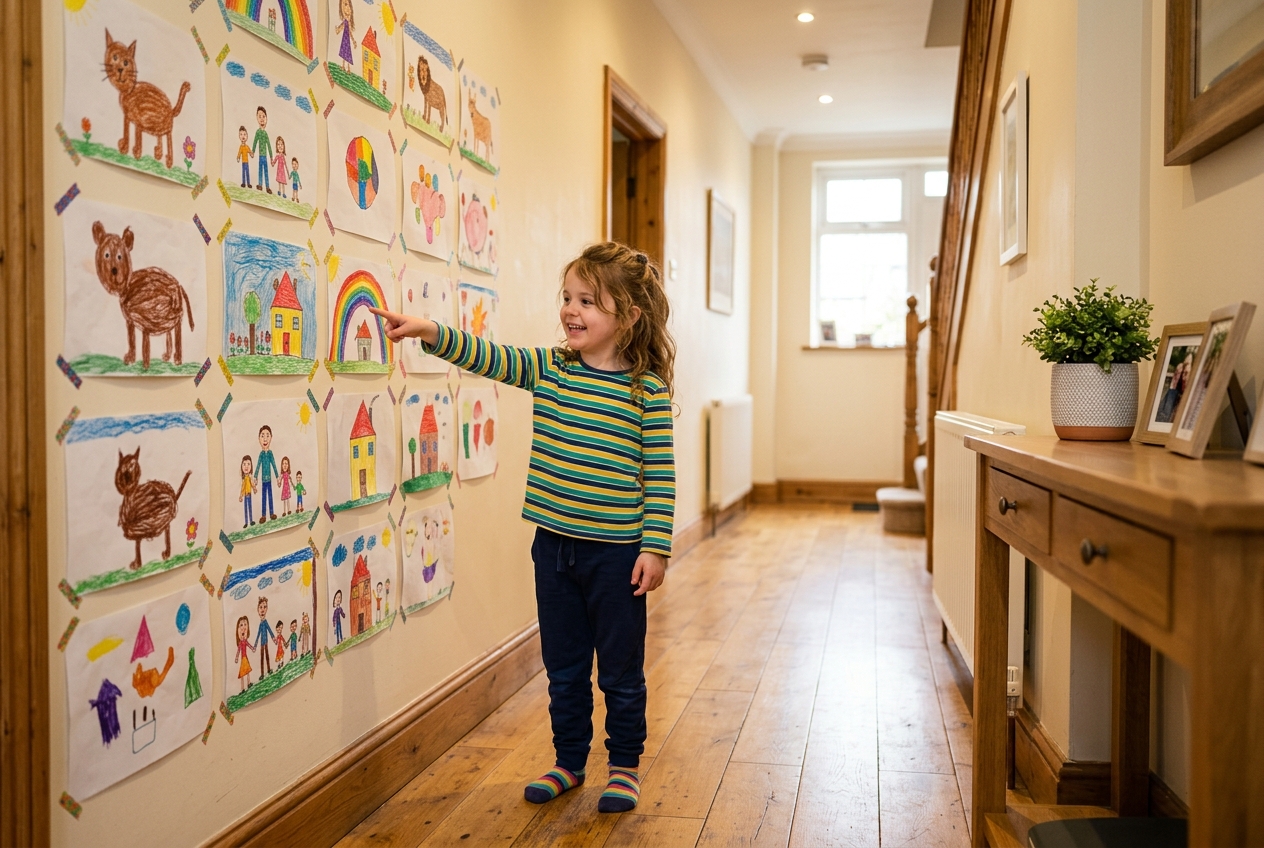A child proudly showing off their drawings displayed on a hallway wall as a home art gallery