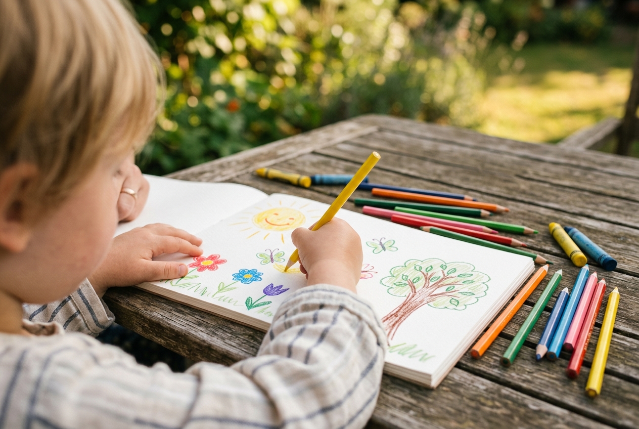 A child's hand drawing summer scenes including the sun, flowers and butterflies with coloured pencils at an outdoor table