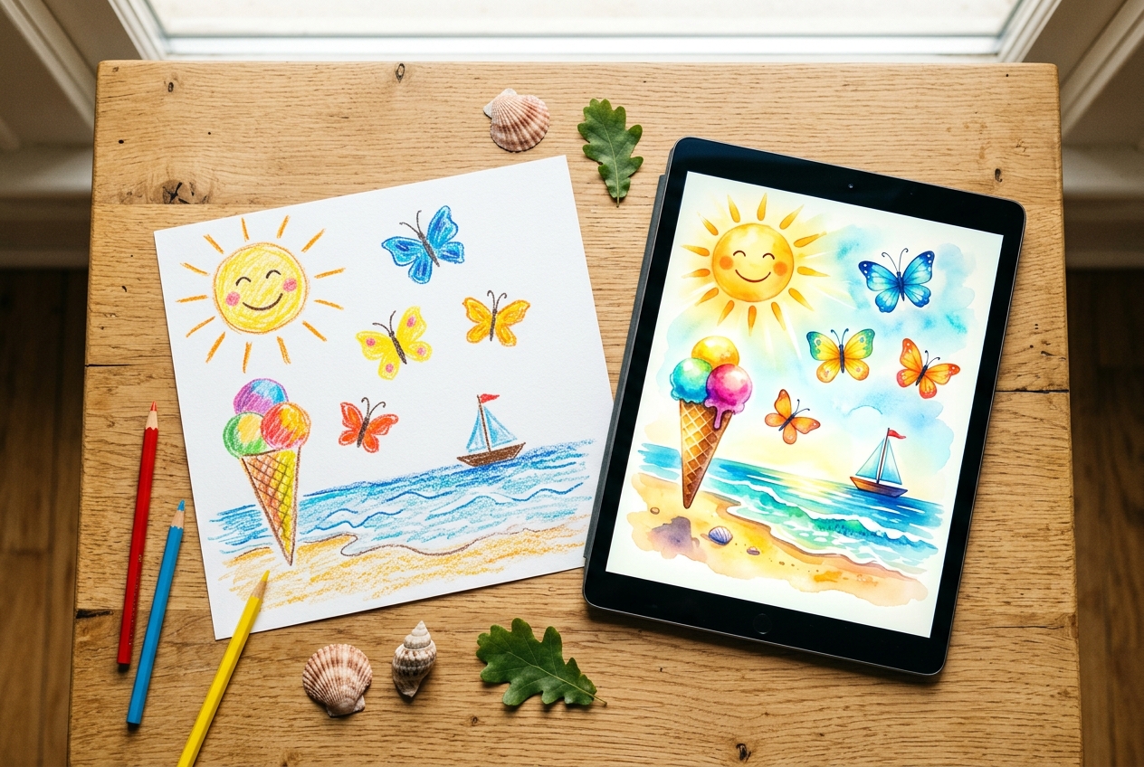 A child's colourful summer drawing of a smiling sun, ice cream, butterflies and beach scene shown alongside a transformed polished AI-style version on a tablet