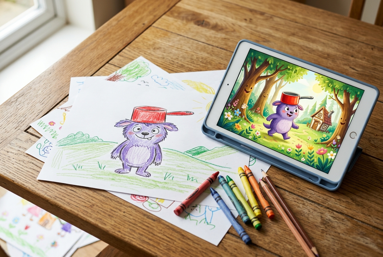 A close-up of a young child's crayon drawing of a friendly monster on white paper, next to a tablet showing a colourful illustrated storybook page featuring the same character as the hero of the story