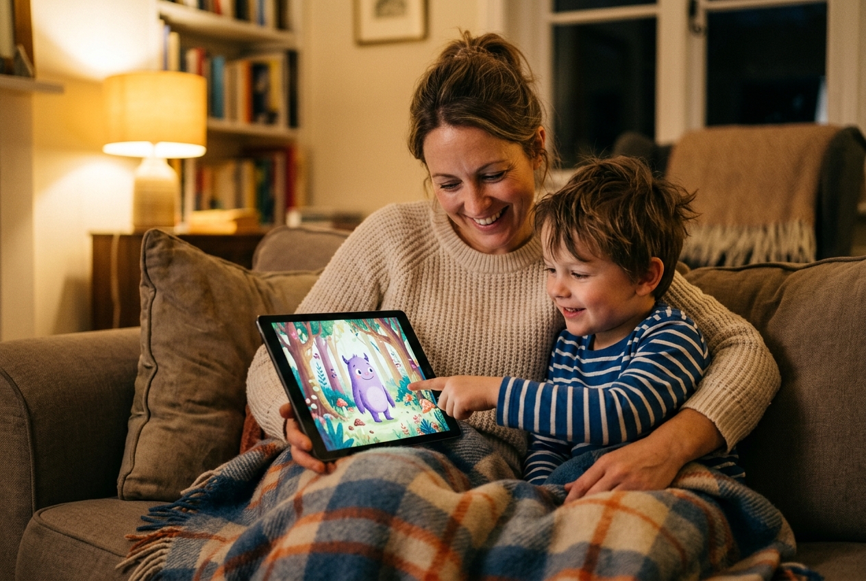 A parent and a young child sitting close together on a sofa in warm evening light, both looking at a tablet that shows a colourful illustrated storybook page, the child smiling and pointing at the screen