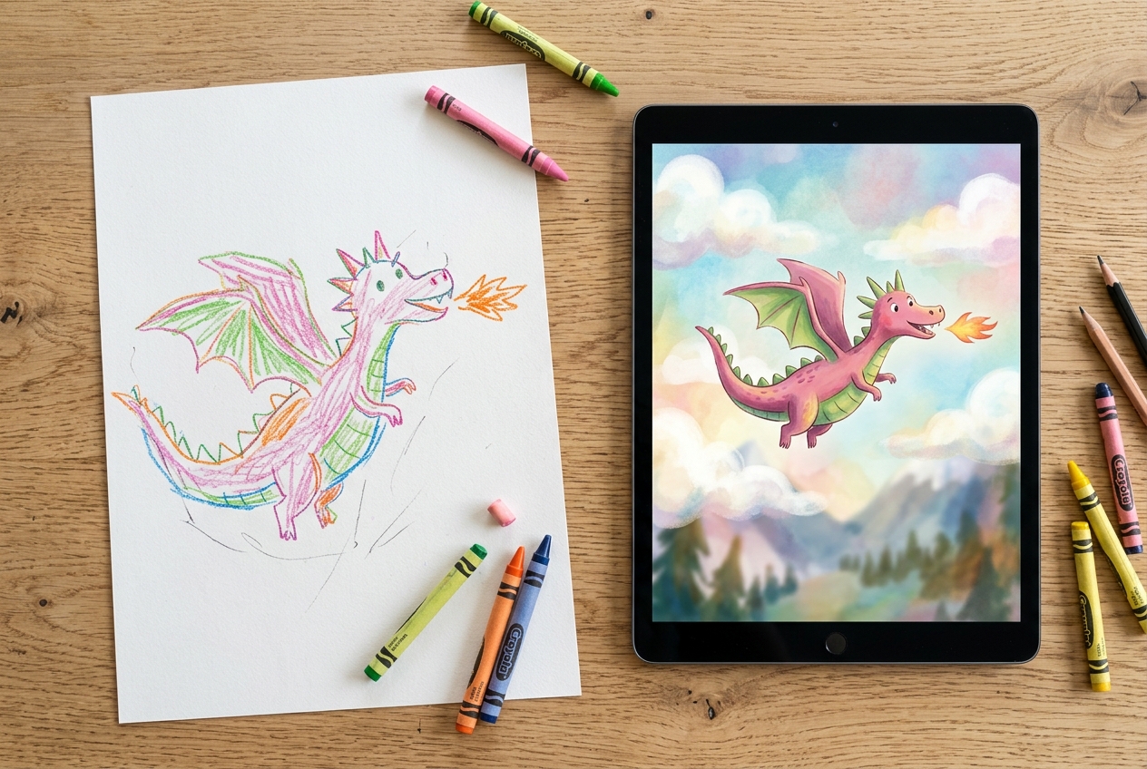 A close-up of a child's crayon drawing of a dragon on paper, alongside a tablet showing the same dragon animated and flying through clouds