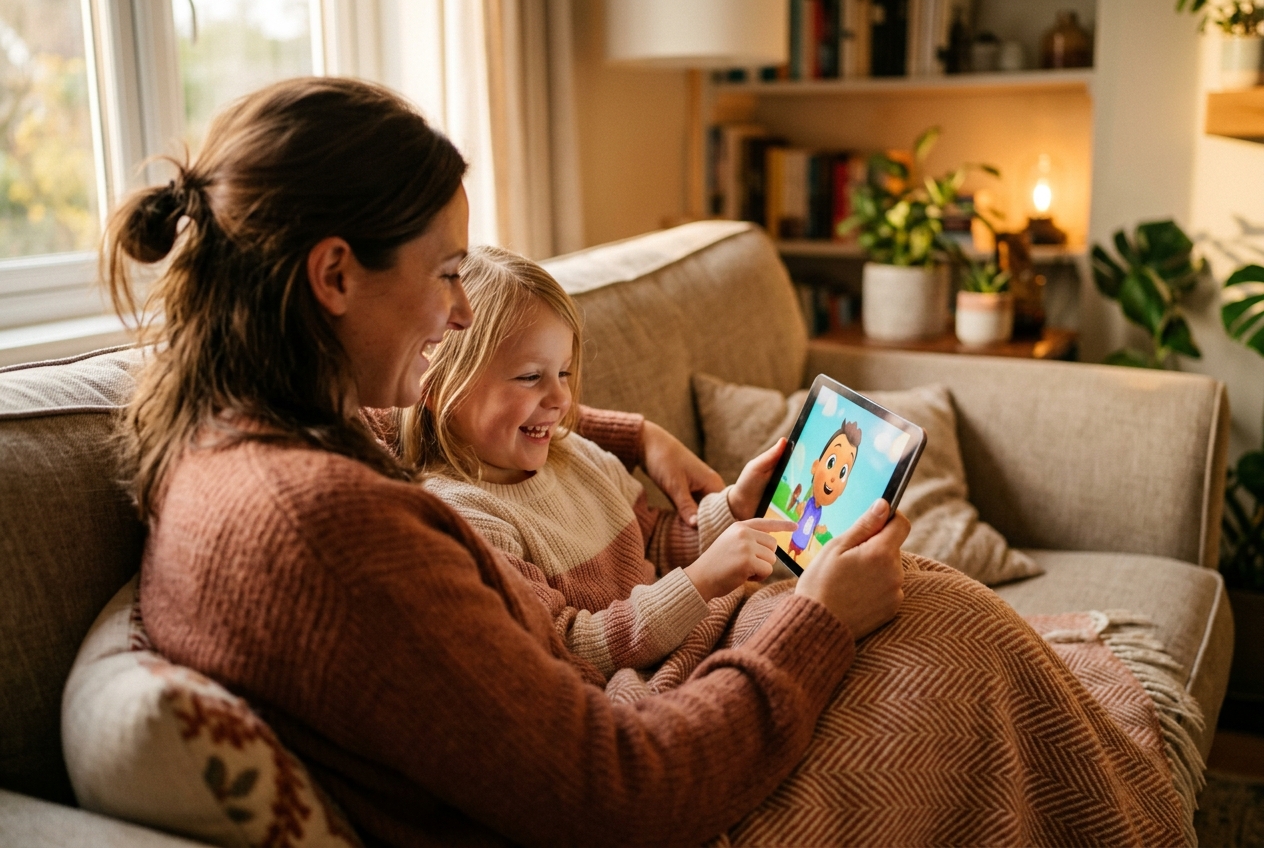 A parent and child sitting together at a sofa watching an animated video of the child's drawing on a tablet, warm evening light